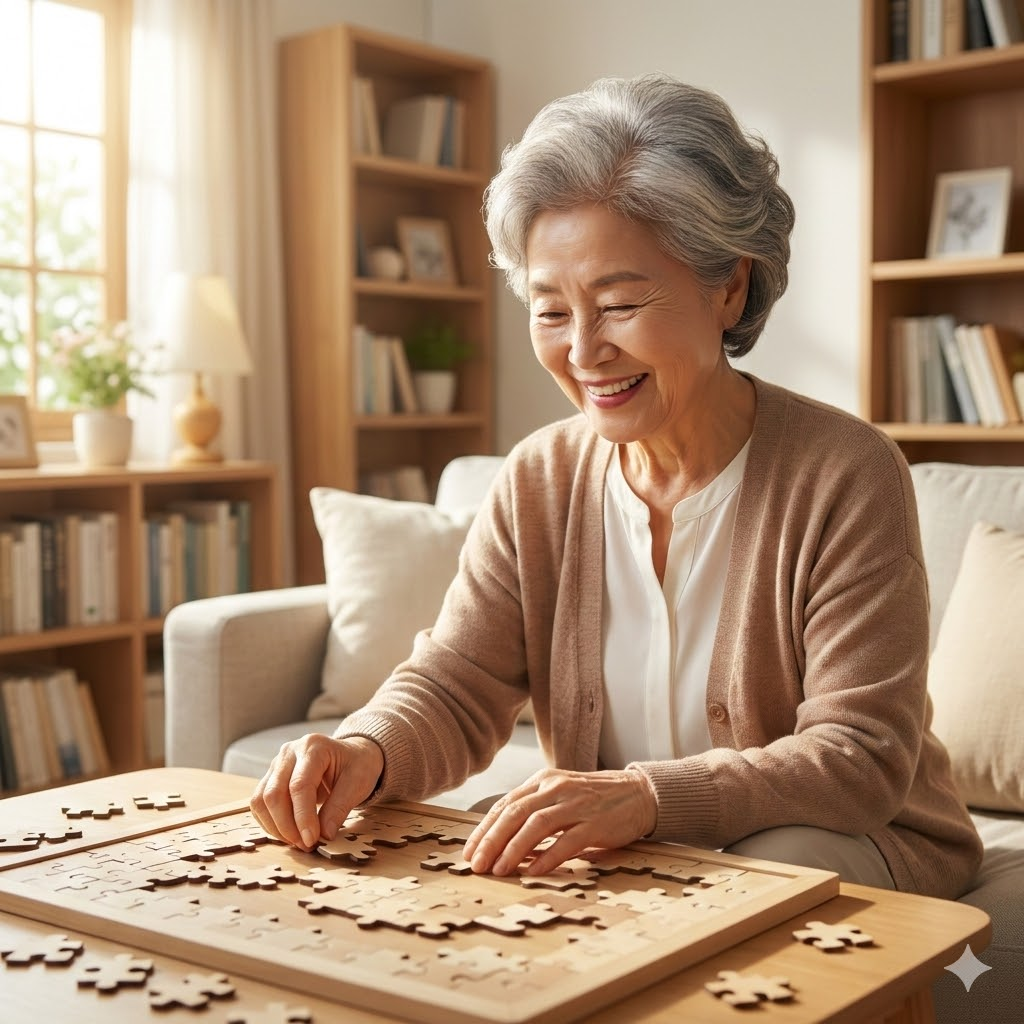 따뜻한 햇살 아래, 퍼즐을 맞추며 활짝 웃고 있는 건강한 중년 한국 여성의 모습