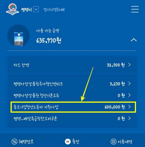 펑택 경기지역화폐에 충전된 60만원 (출처-블로그 찌미 https://blog.naver.com/qdq0408/222794718806)