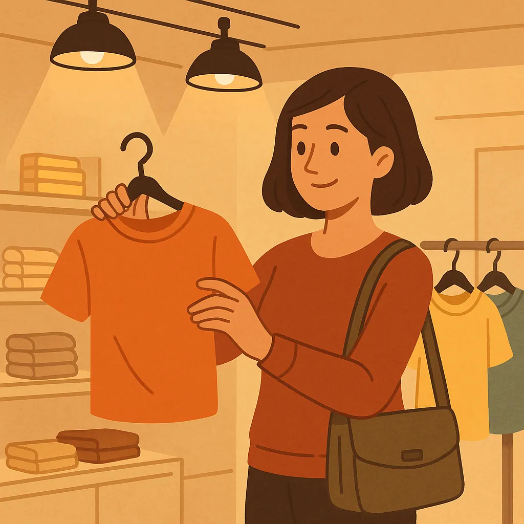 매장-조명이-물건-구매에-미치는-영향을-표현한-일러스트로,-따뜻한-조명-아래에서-옷을-고르는-여성이-묘사되어,-조명의-색감과-분위기가-소비자의-구매심리에-영향을-주는-모습을-상징함.