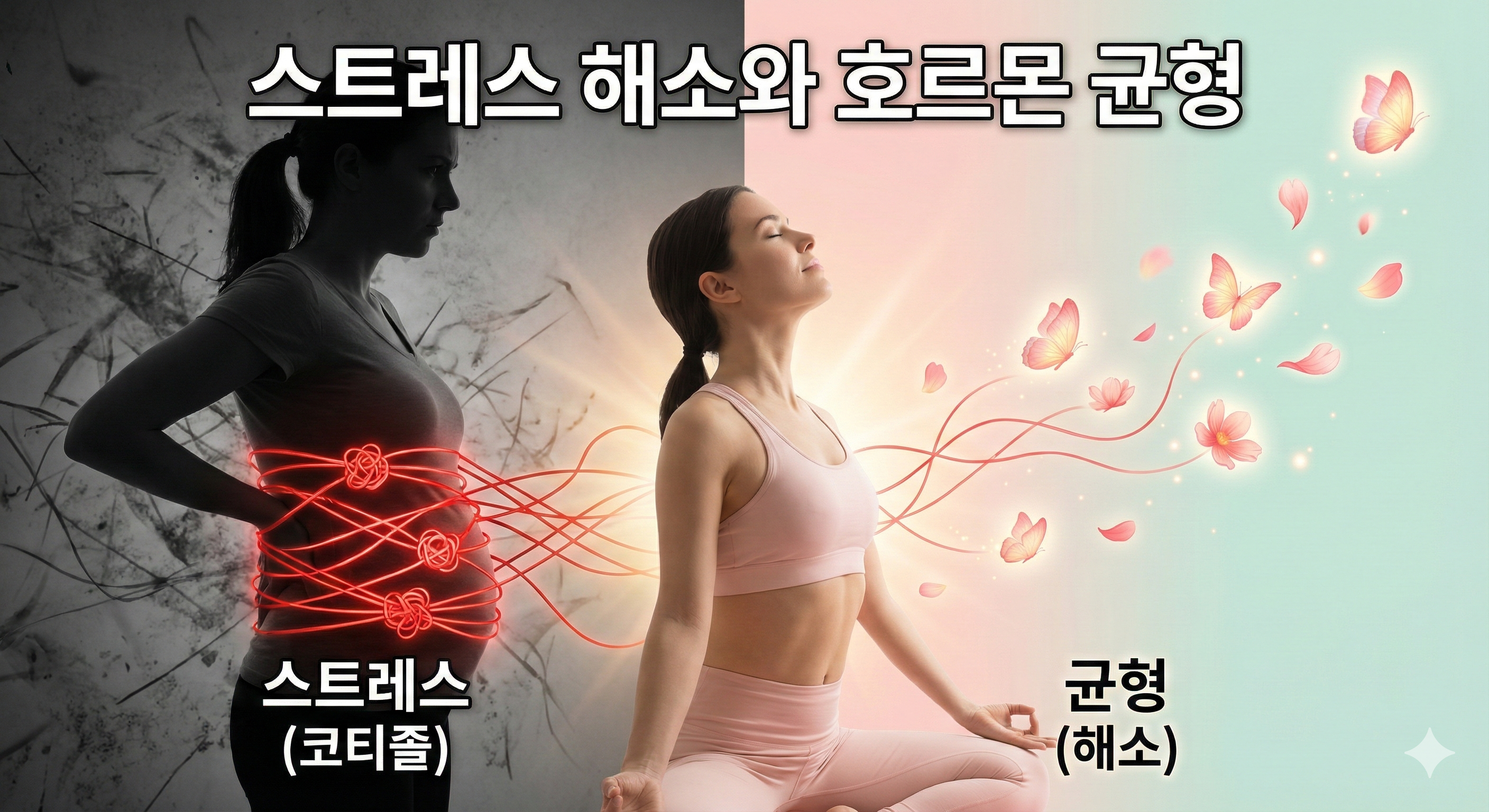스트레스 해소와 호르몬 균형을 통한 뱃살 감소의 시각적 표현설명