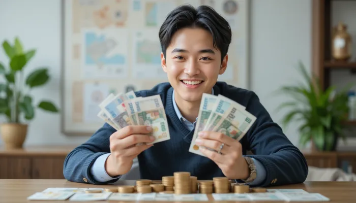 원숭이띠 운세 재물운 상승을 상징하며 동전을 앞에 두고 미소 짓는 남성의 모습