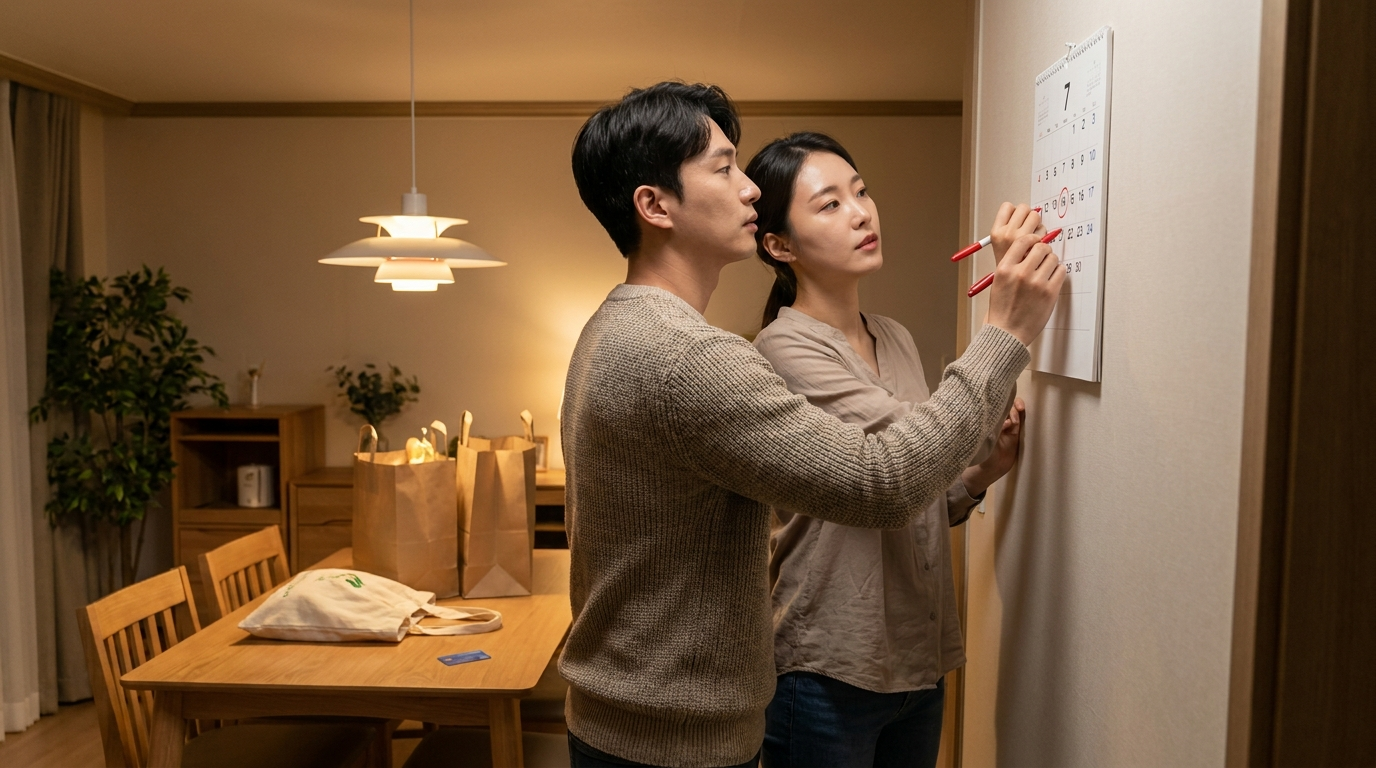 달력에 동그라미 표시하는 부부