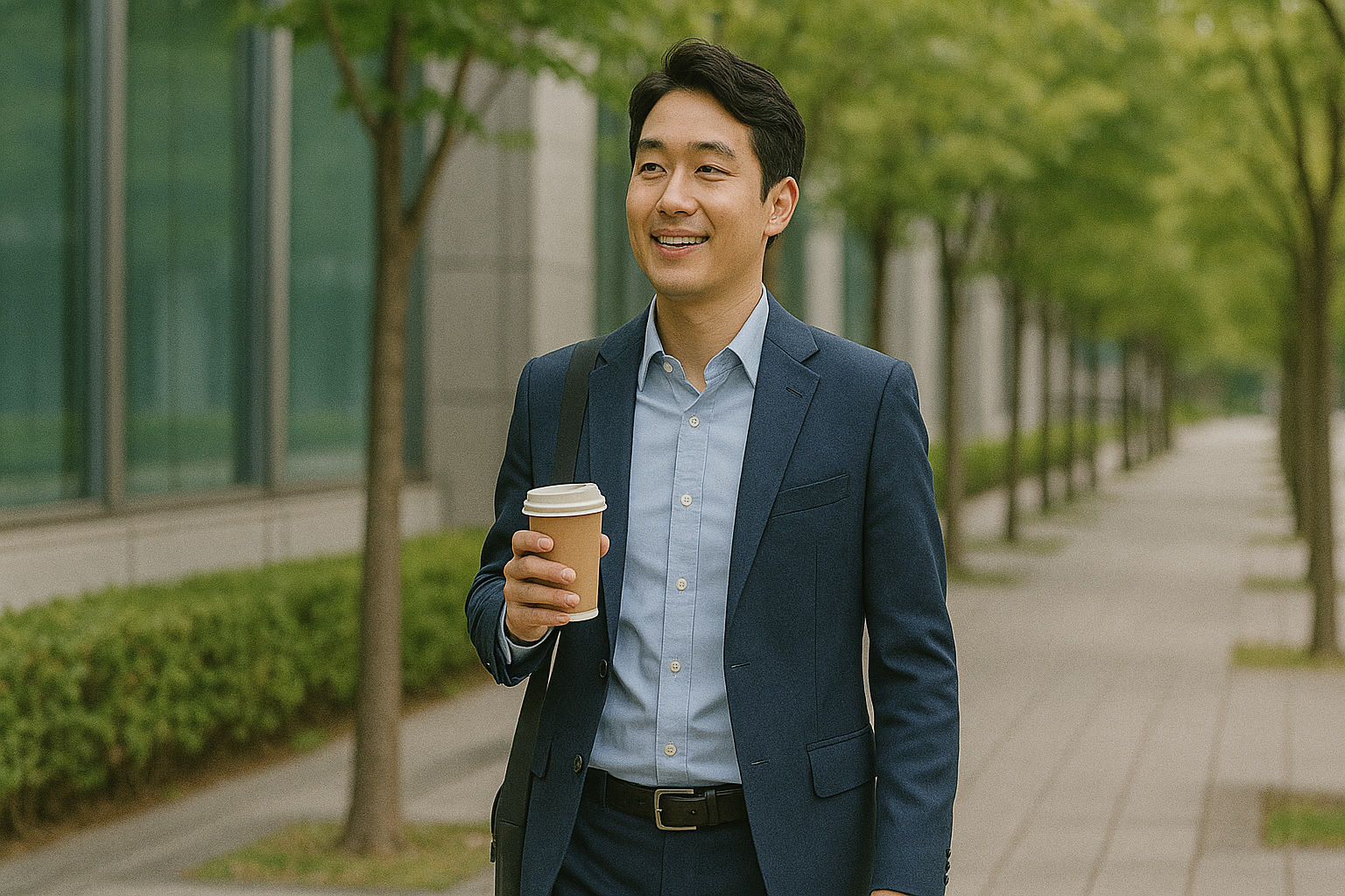 점심시간에 회사 주변을 산책하는 회사원