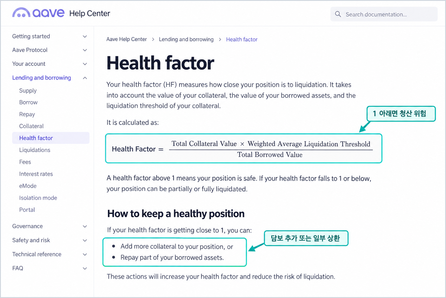 Aave Health Factor 계산식과 청산 위험 기준