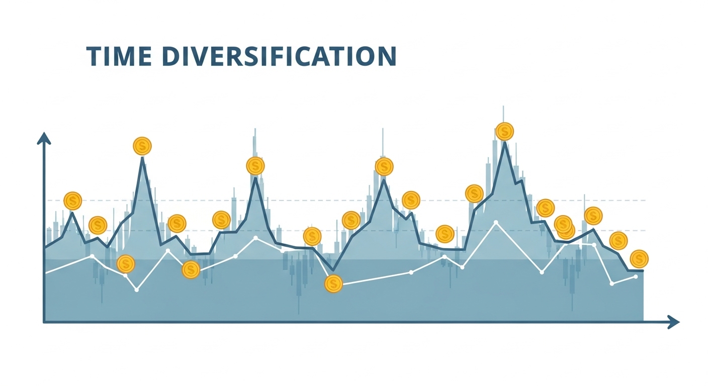 시간 분산(적립식 투자)의 효과를 보여주는 그래프. 시장 변동에도 꾸준히 투자하여 평균 매입 단가를 낮추는 모습을 시각화했습니다.