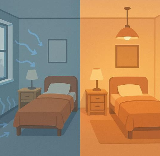 단열 상태에 따른 원룸 열손실 차이 비교 일러스트