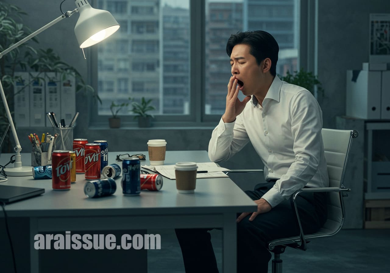 에너지 음료 주변에서 더 피곤해하는 남성 직장인의 모습