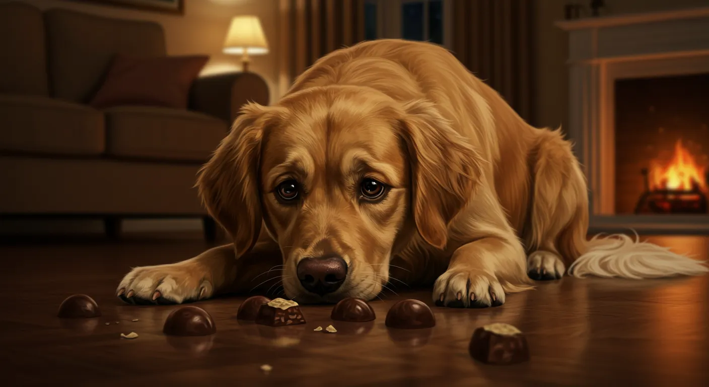 초코릿을 앞에 두고 고민에 빠진 골든 리트리버 모습