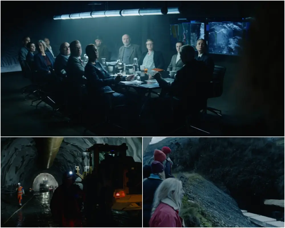 회의하는 정부관게자와 터널공사, 터널이 폭발하는 장면들 모음