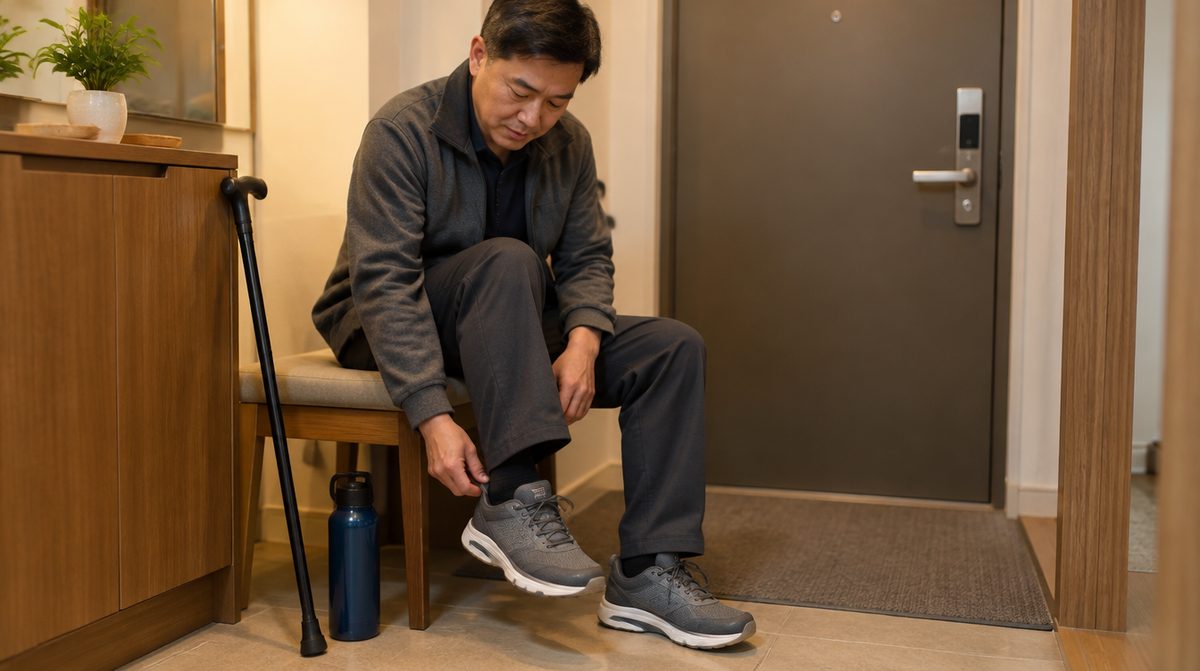 실내 걷기 전에 운동화를 신는 편마비 남성