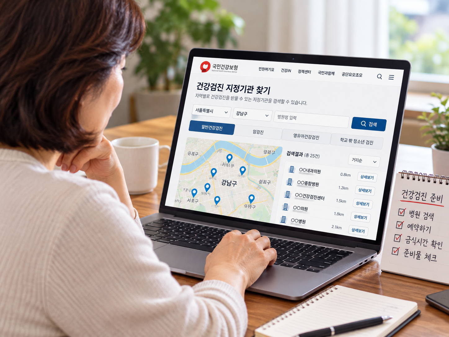 노트북으로 국가건강검진 지정 병원을 검색하는 모습의 이미지