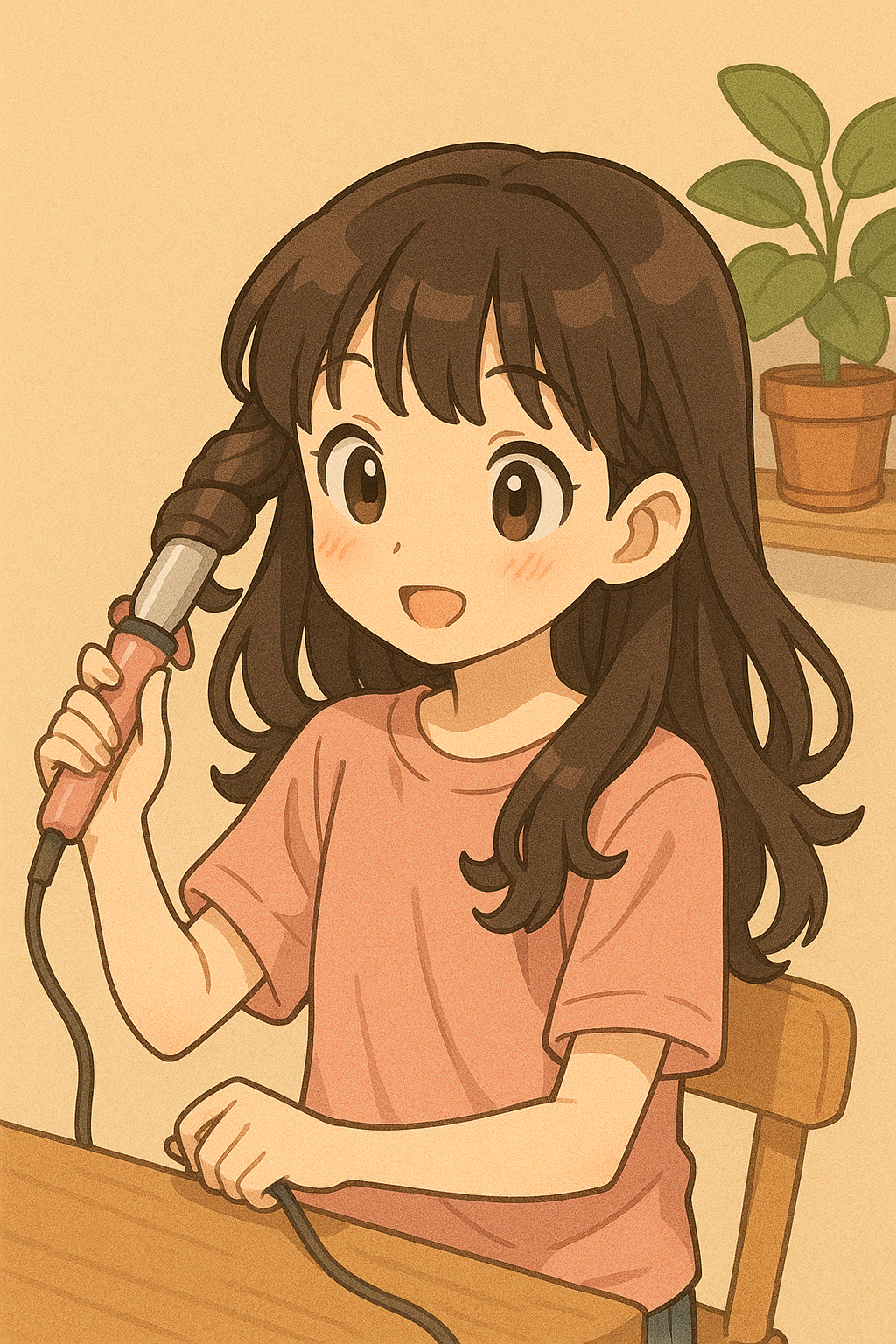 분홍색 티셔츠를 입은 소녀가 나무 의자에 앉아 컬링 아이론으로 머리를 말고 있는 모습, 옆에 화분이 있는 아기자기한 애니메이션 일러스트