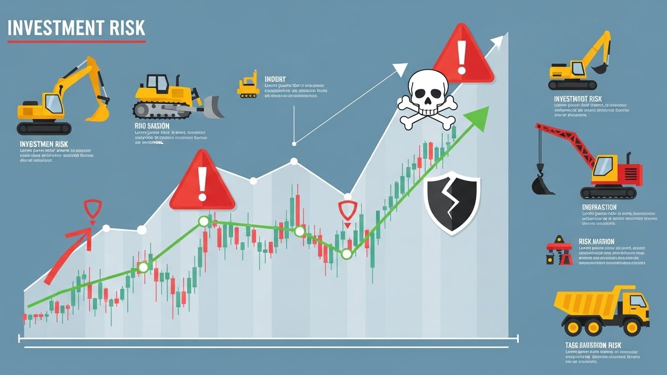 Infographic with stock charts, risk icons, and construction equipment symbols.