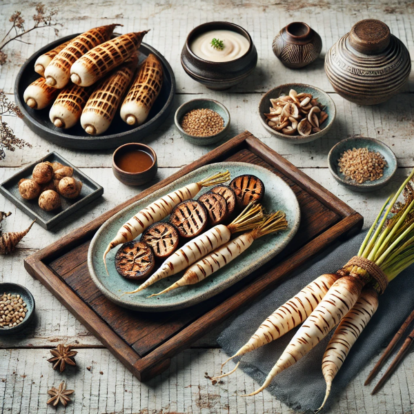 전통적인 한식 테이블 세팅에 더덕구이와 우엉조림