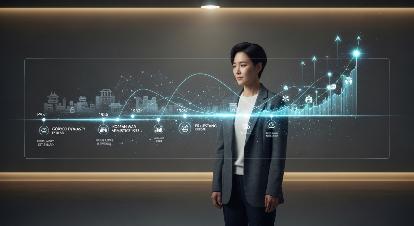 2025년의 현대인이 역사의 흐름을 되짚고 미래를 고찰하며 통찰력을 얻는 모습.