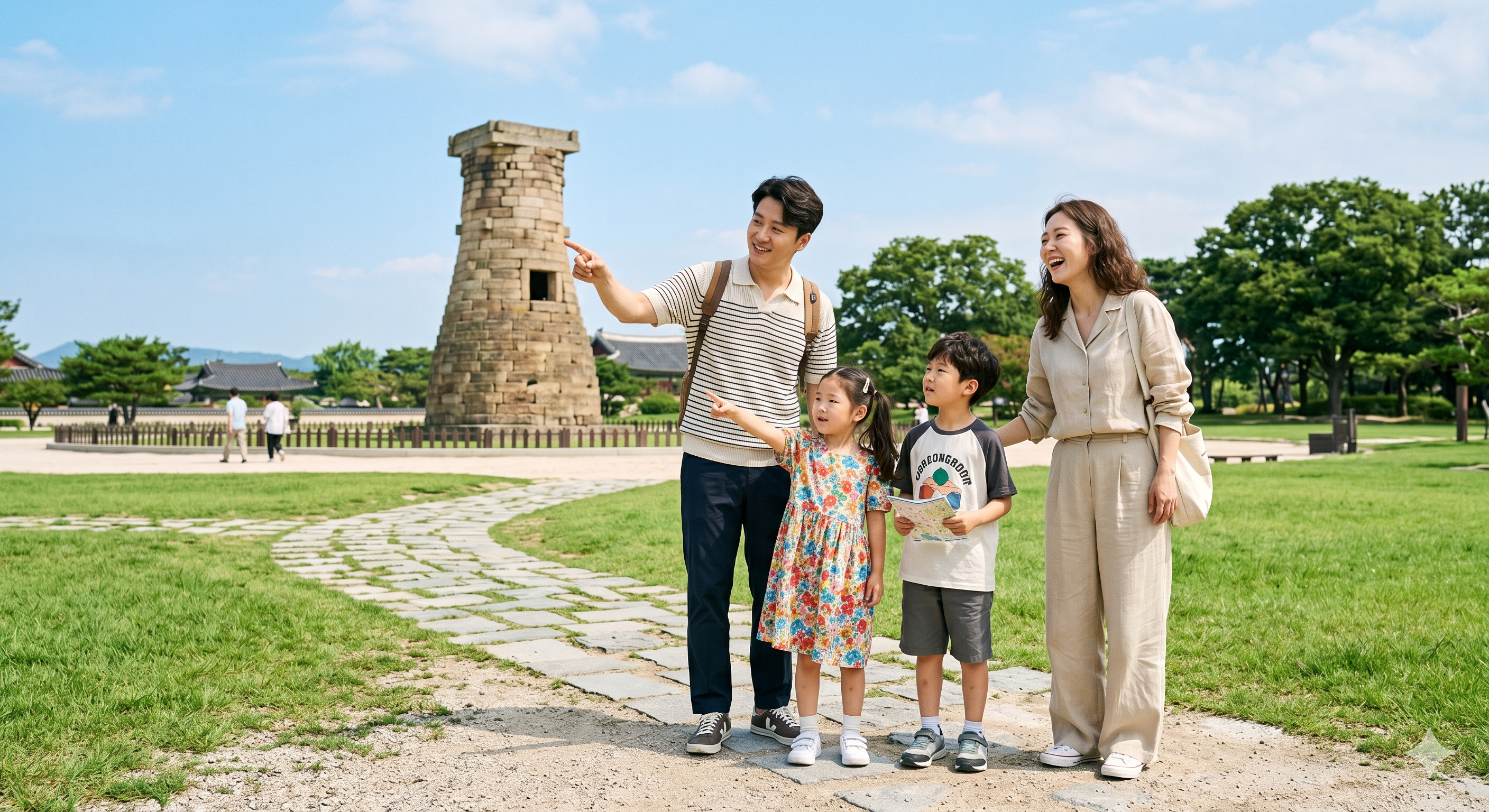 한국인 가족이 경주의 첨성대를 배경으로 서서 설명을 듣고 있는 모습. 아이들은 호기심 가득한 표정으로 유적지를 바라보고 있다.
