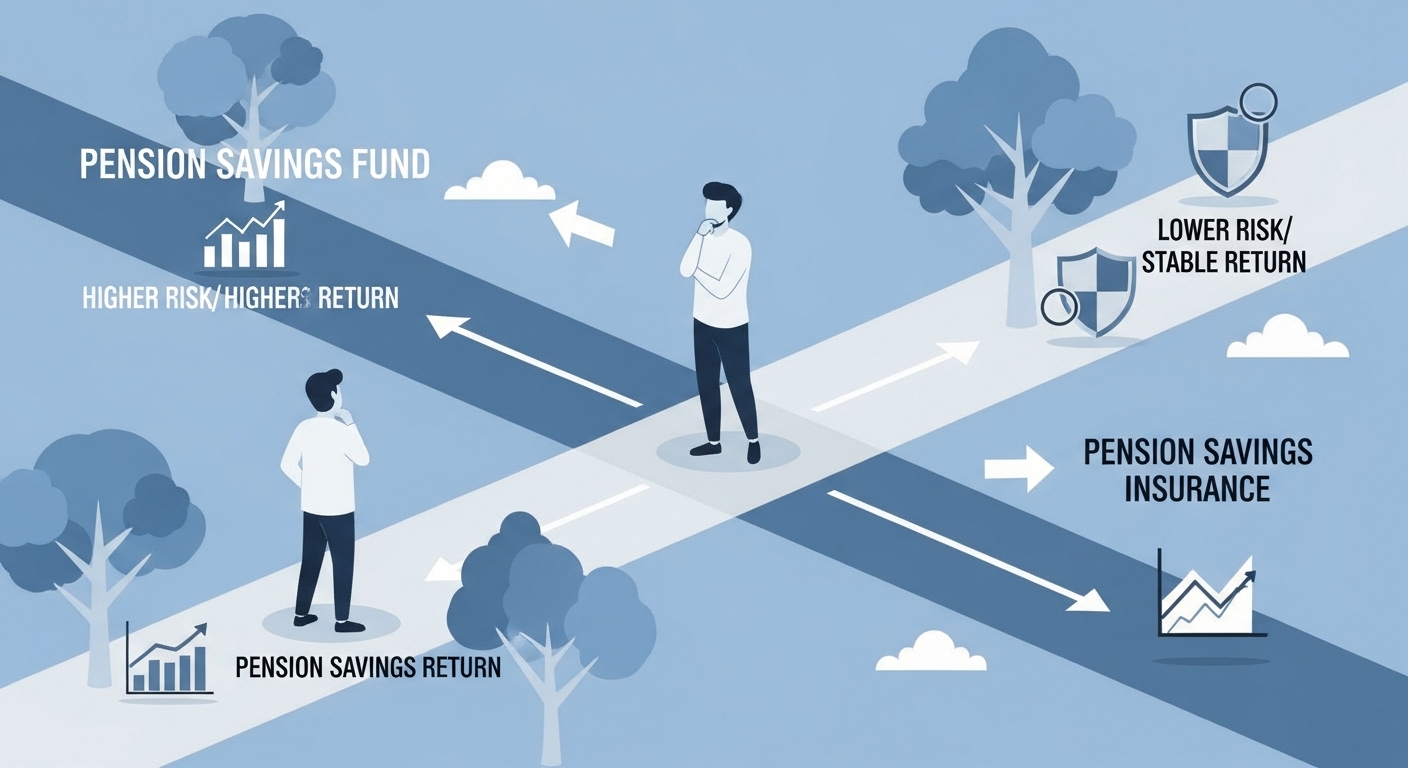 연금저축 펀드와 연금저축 보험 중 어떤 상품을 선택할지 고민하는 사람의 모습. 각 상품의 특징을 나타내는 아이콘과 함께 신중한 결정의 중요성을 시사합니다.
