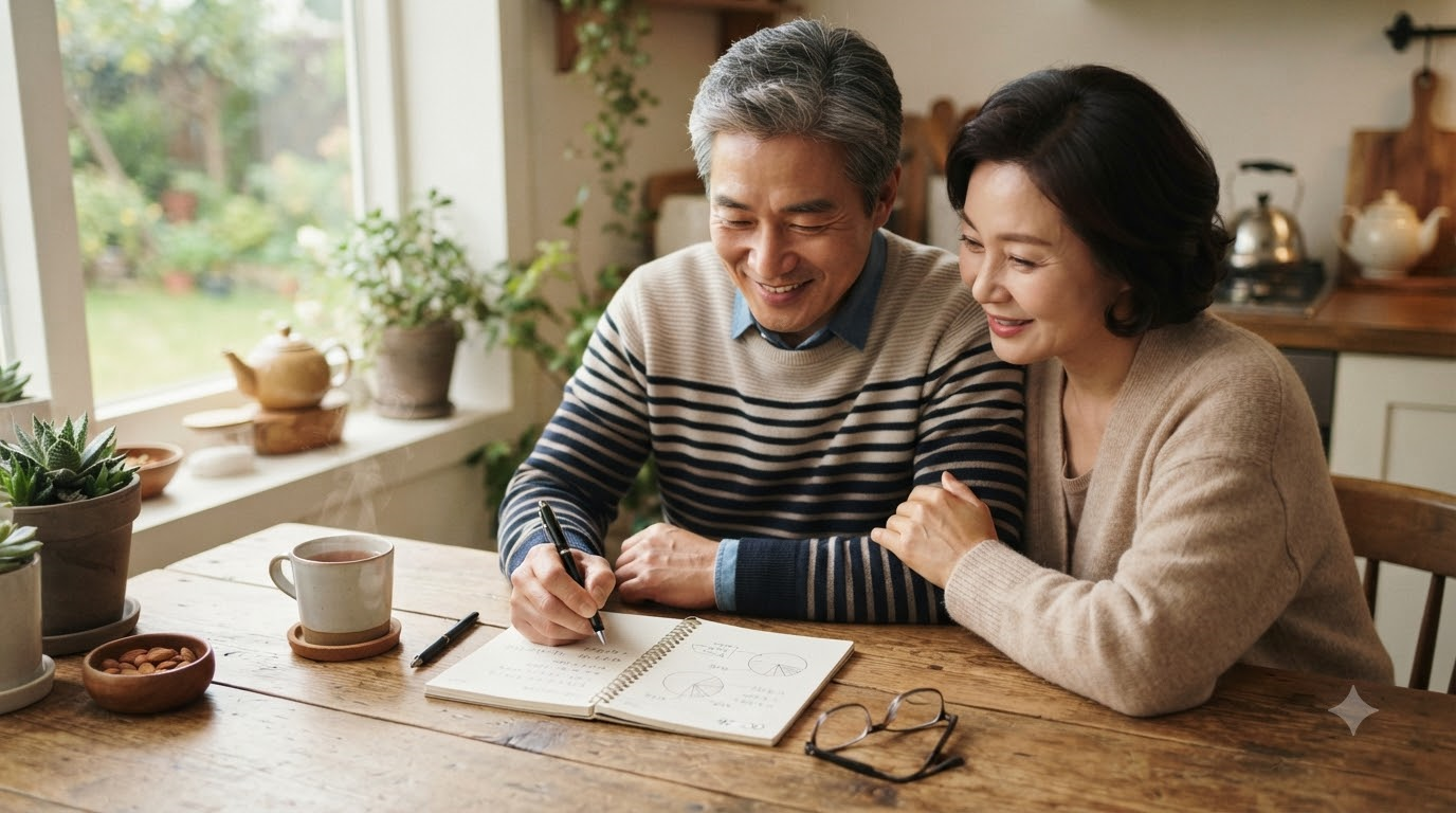 은퇴를 앞둔 50대 부부가 식탁에서 노트에 자산 배분을 적어보는 장면