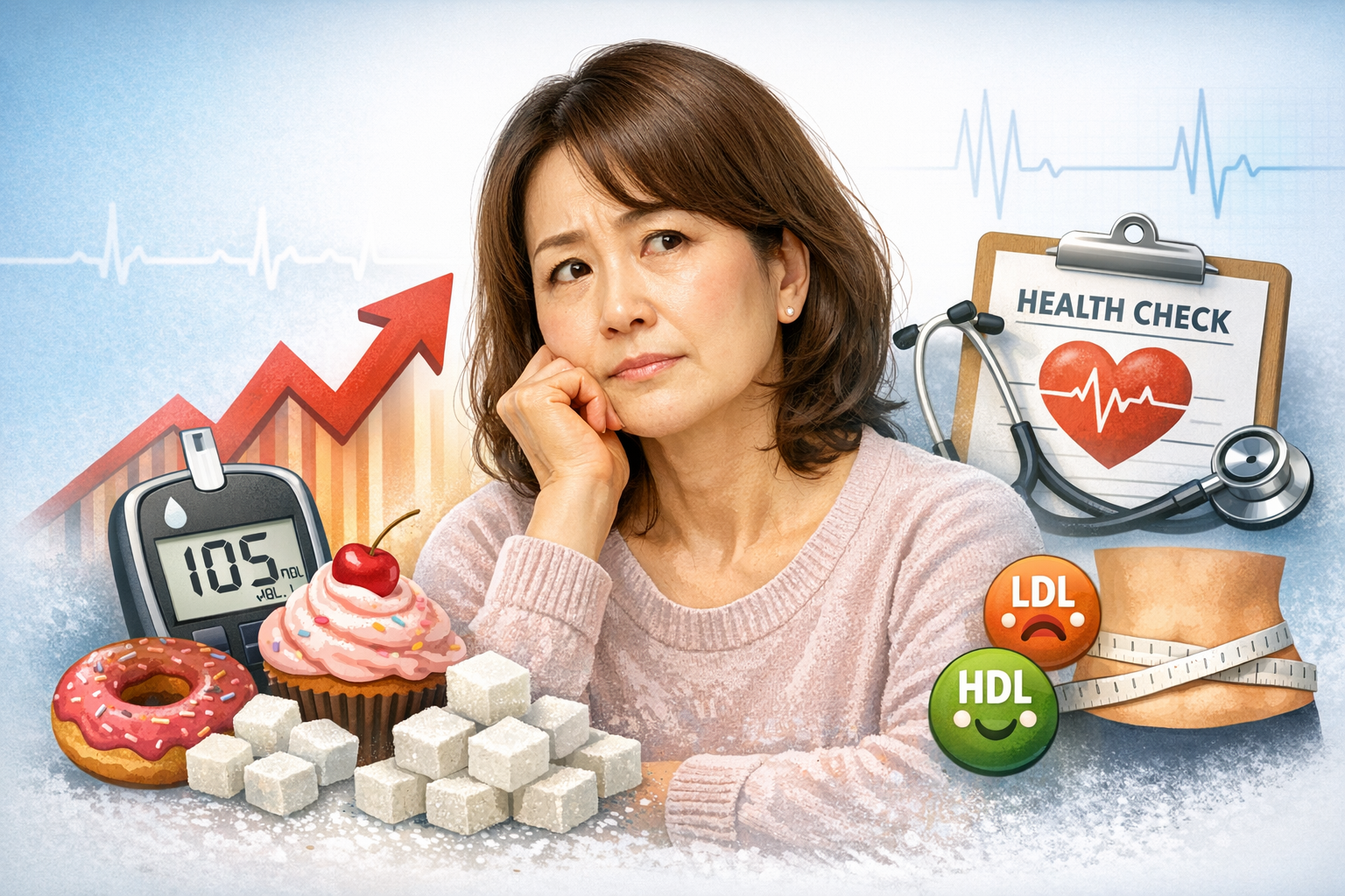 공복 혈당은 정상인데 식후 졸림과 단 음식 당김을 느끼는 갱년기 여성의 혈당 변화와 건강검진 수치를 설명하는 이미지