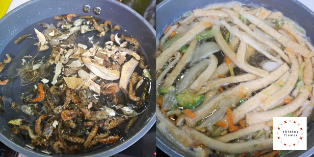 왼쪽사진 다시멸치,건새우,건표고,다시마,파뿌리육수-오른쪽사진 사각어묵,애호박,당근,양파 추가