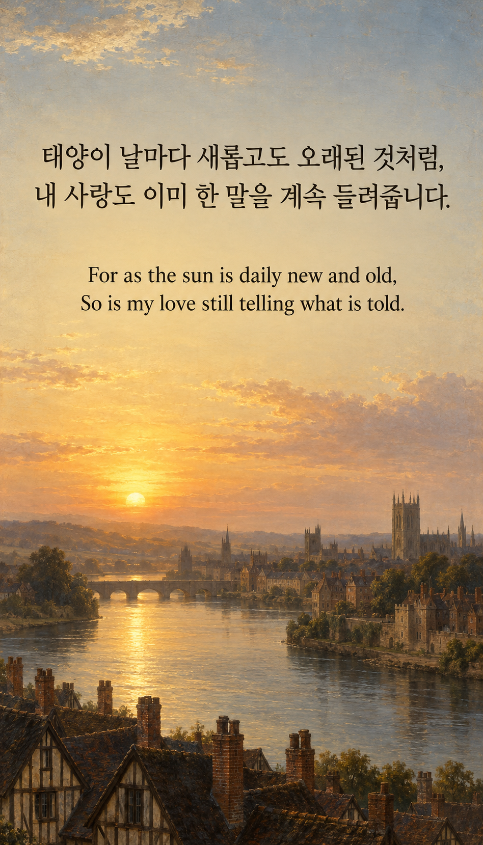 반복되는 말에 담긴 새 마음: 태양이 날마다 새롭고도 오래된 것처럼, 내 사랑도 이미 한 말을 계속 들려줍니다. 해당 시대 그림체, 강과 지붕 위로 떠오르는 태양.