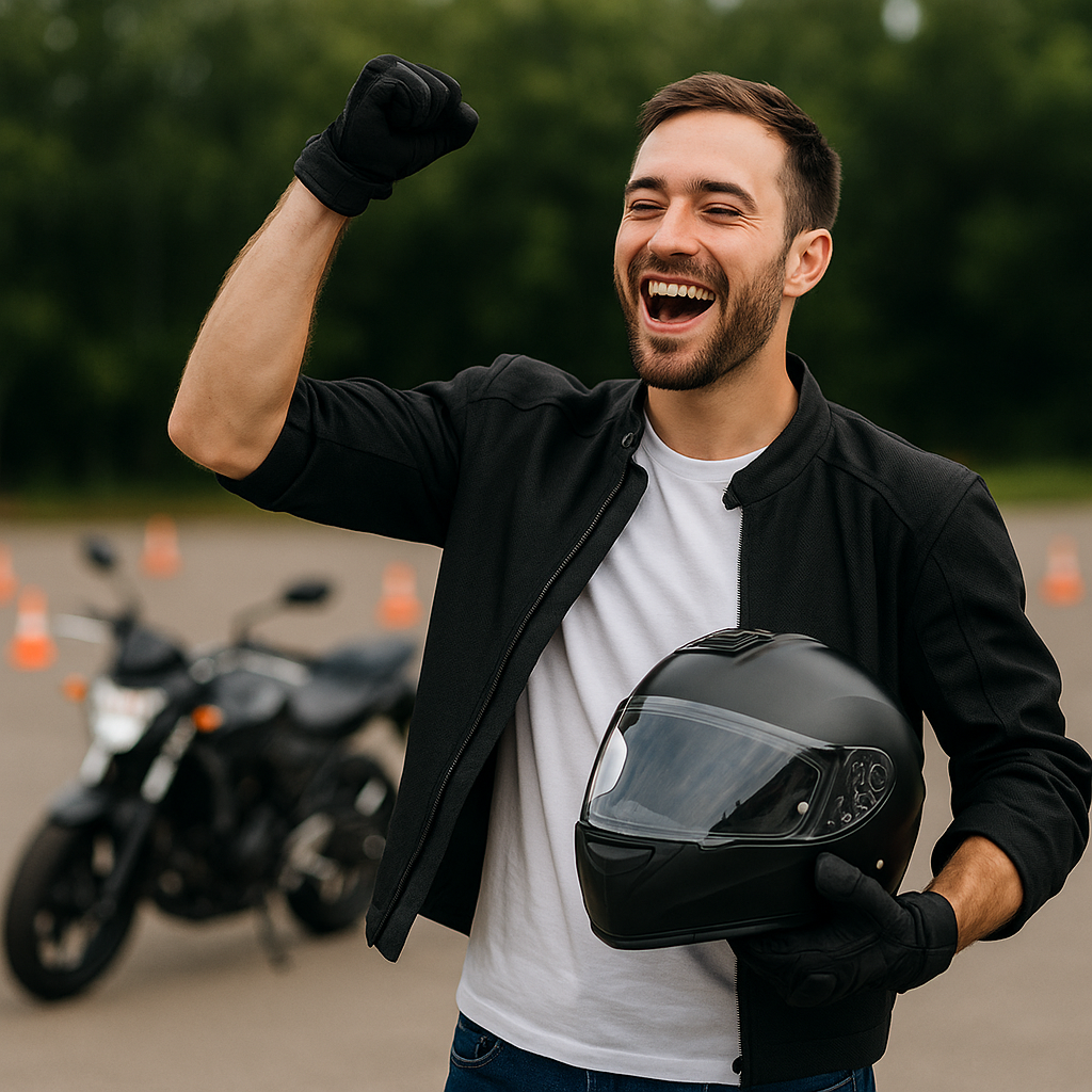 합격 후 기뻐하는 라이더 수험자