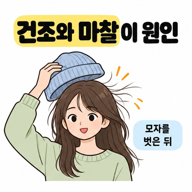 모자를 벗을 때 머리카락이 들뜨는 모습으로 건조와 마찰에 의한 정전기를 설명하는 장면