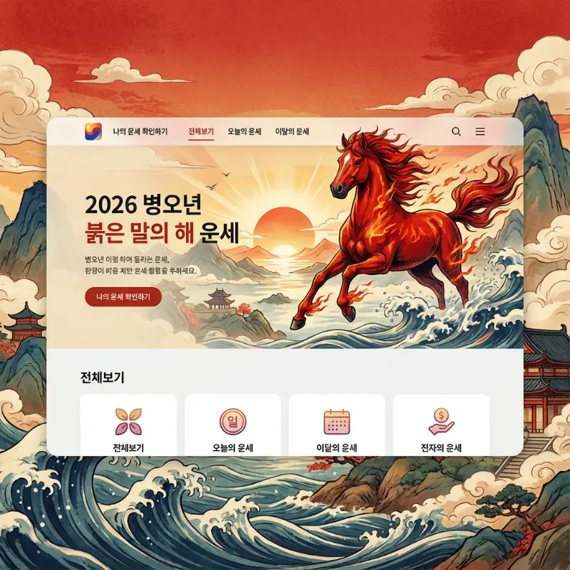 2026년 병오년 무료 신년운세 및 토정비결 서비스를 상징하는 대표 이미지