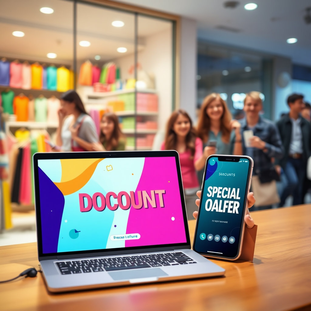 노트북, 스마트폰 화면과 실제 매장의 쇼윈도가 동시에 보여지며, 각 화면과 공간에 '할인', '특가' 문구가 시각적으로 배치되어 있습니다. 소비자들이 행복하게 쇼핑하는 모습이 연출됩니다.