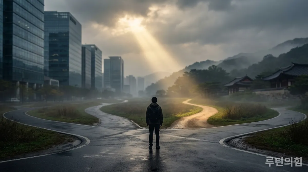 번아웃이 단순한 피로가 아님을 상징하는 갈림길에 선 사람의 실루엣