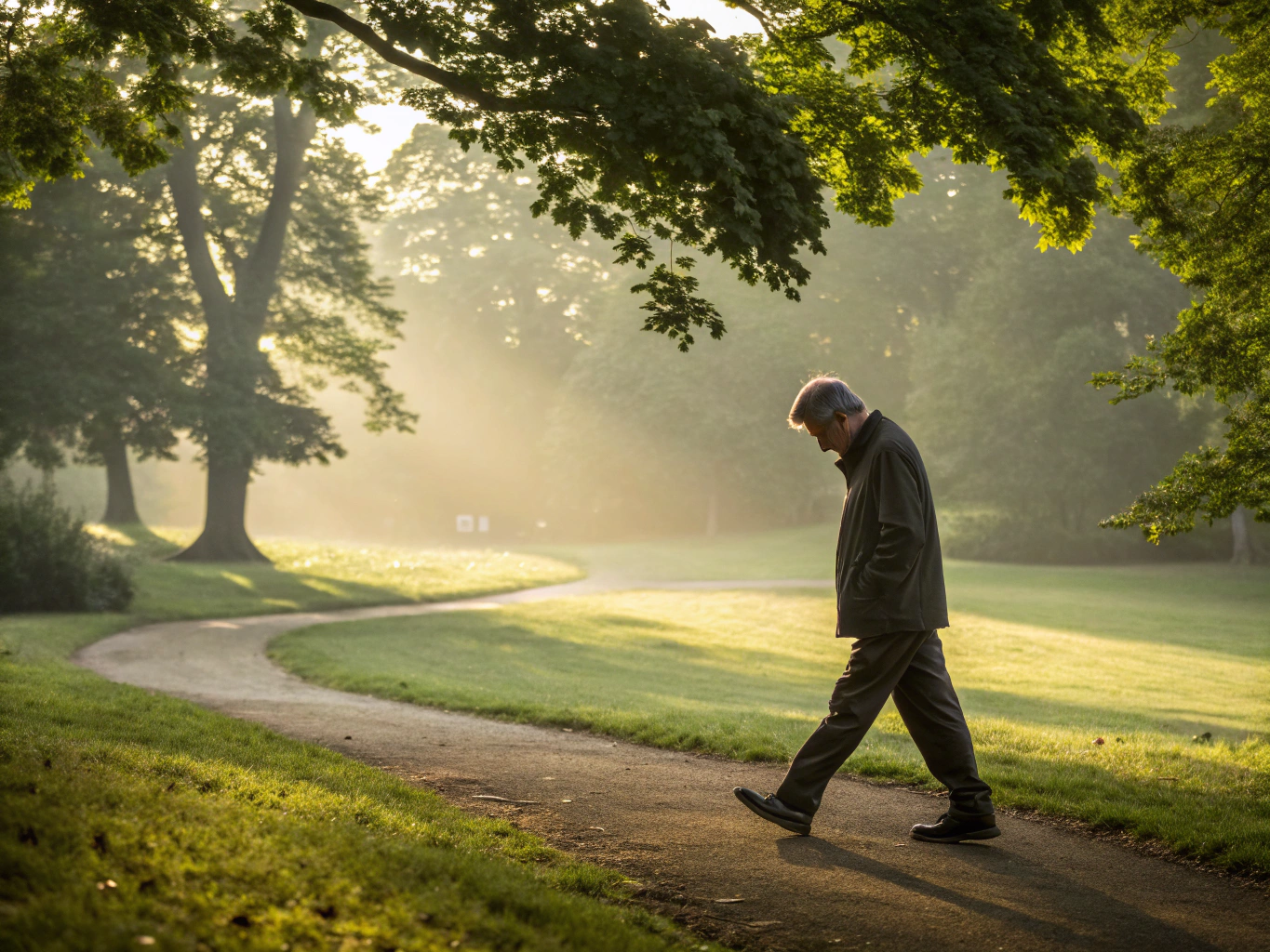 쓸쓸한 모습으로 공원을 걷는 남성의 모습