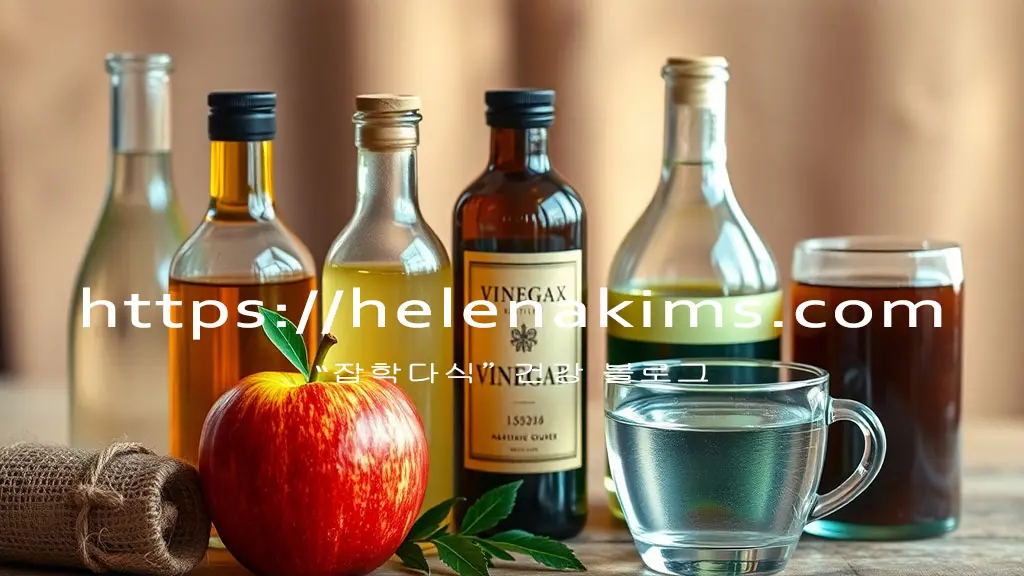 나무 탁자 위에 병에 들은 여러 종류의 식초들과 사과 그리고 물 한 잔이 놓인 모습.