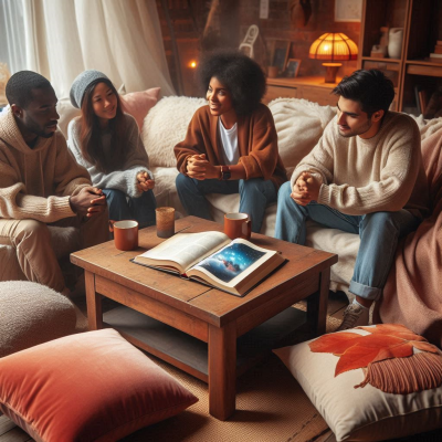 사람들이 소파에 앉아 커피나 음료를 마시며 즐겁게 대화하는 모습입니다.