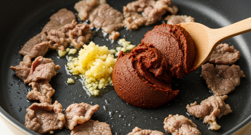 뚝배기나 냄비에 차돌박이를 볶아 기름을 내고 다진 마늘을 섞는 모습