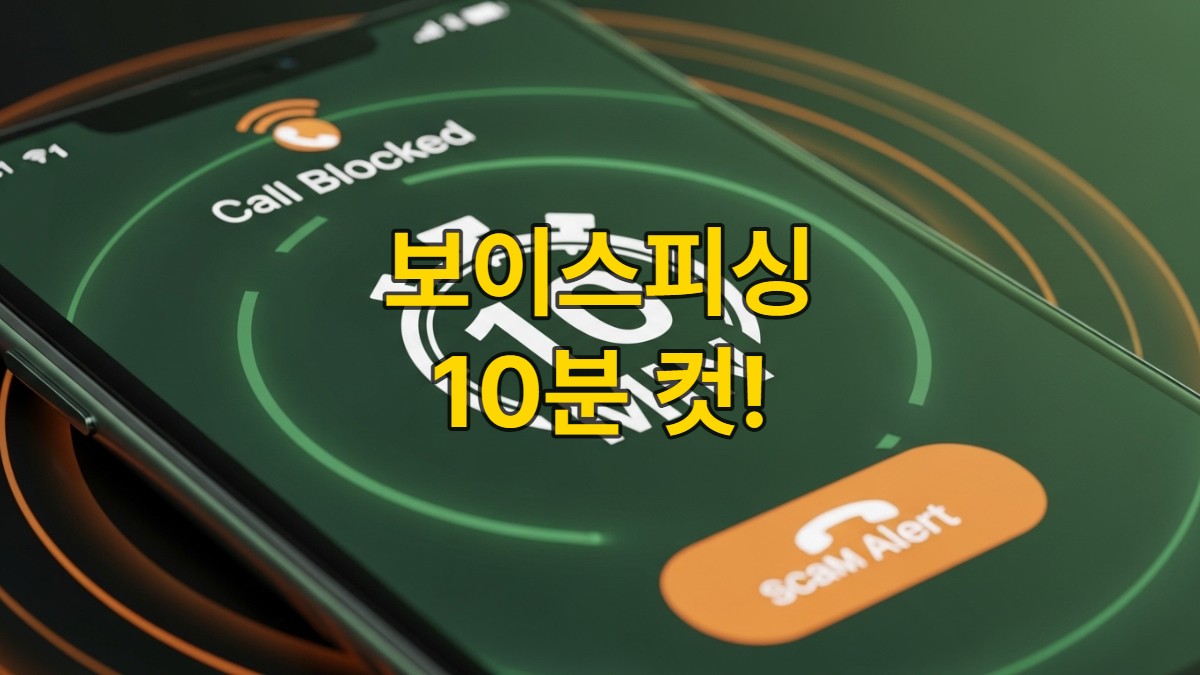 스마트폰 화면에 보이스피싱 경고와 10분 차단 알림이 뜨고, 보안 방패와 시계 아이콘이 함께 있는 이미지. 신속한 보이스피싱 번호 차단 시스템을 상징합니다.