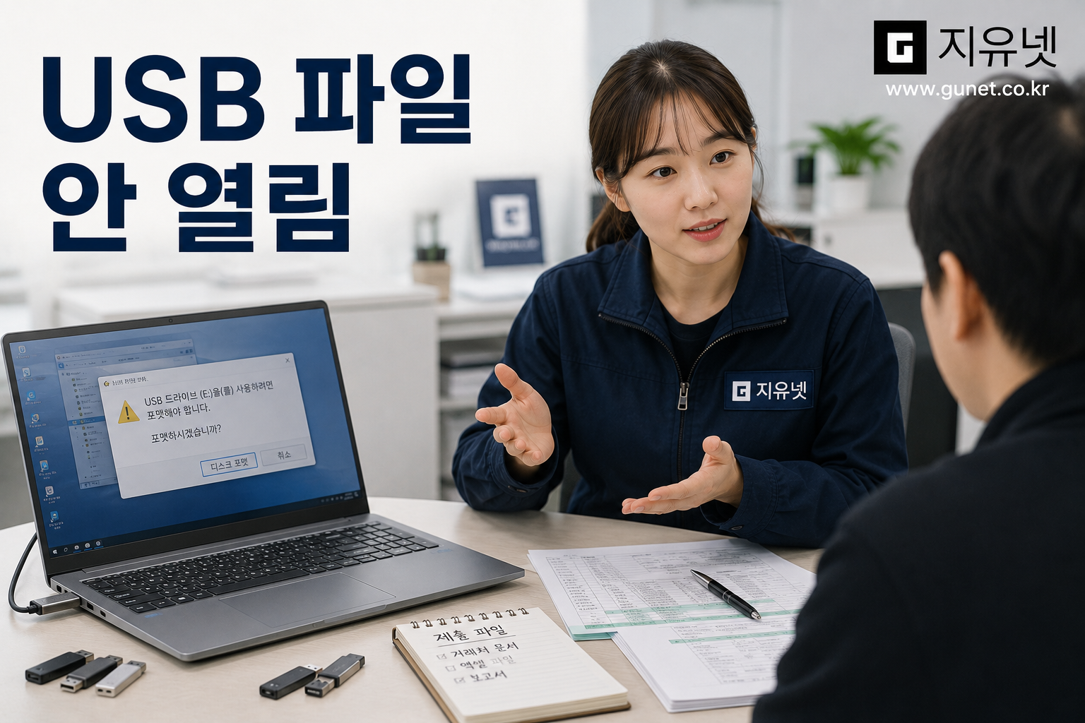 경기광주 사무실에서 USB 파일이 열리지 않고 포맷 창이 뜬 상황에서 제출 파일 확인을 상담하는 장면