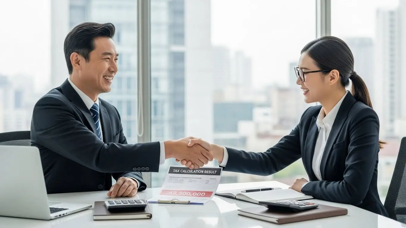 세무 전문가와 상담하며 양도세 절세 전략을 확정하고 만족스러운 표정을 짓는 매도자의 모습