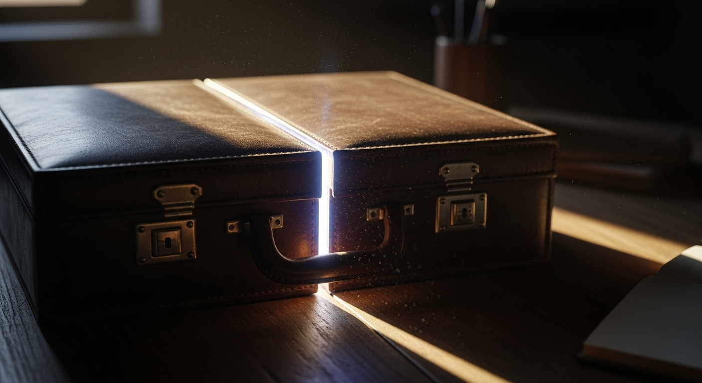 굳게 닫힌 서류 가방 틈으로 정체를 알 수 없는 강렬한 빛이 새어 나오는 이미지