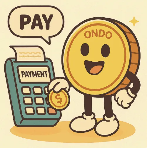 ONDO 토큰 캐릭터가 디지털 결제기(POS 단말기)에 코인을 넣으며 수수료를 지불하는 장면을 묘사한 일러스트 이미지. 이 그림은 온도 파이낸스에서 ONDO 토큰이 수수료 결제 등 생태계 내 유틸리티로 사용되는 구조를 시각적으로 설명함 (ONDO payment, DeFi fee utility, token usage)