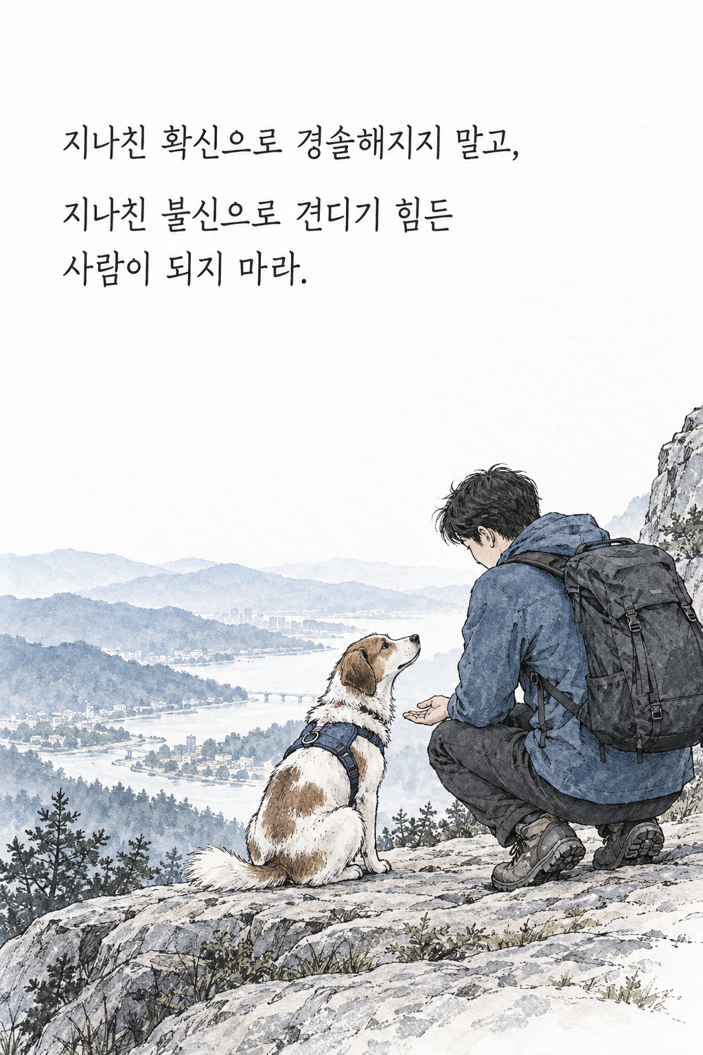 지나친 확신으로 경솔해지지 말고, 지나친 불신으로 견디기 힘든 사람이 되지 마라. 문구가 담긴 세로형 이미지
