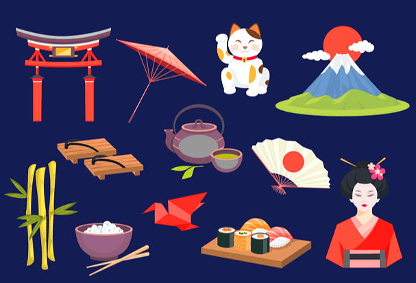 파란 바탕화면에 일본을 상징하는 것들이 여러개 그려졌다. 빨간 양산, 초밥, 빨간 기모노를 입은 여인, 사찰, 화산 등이다.