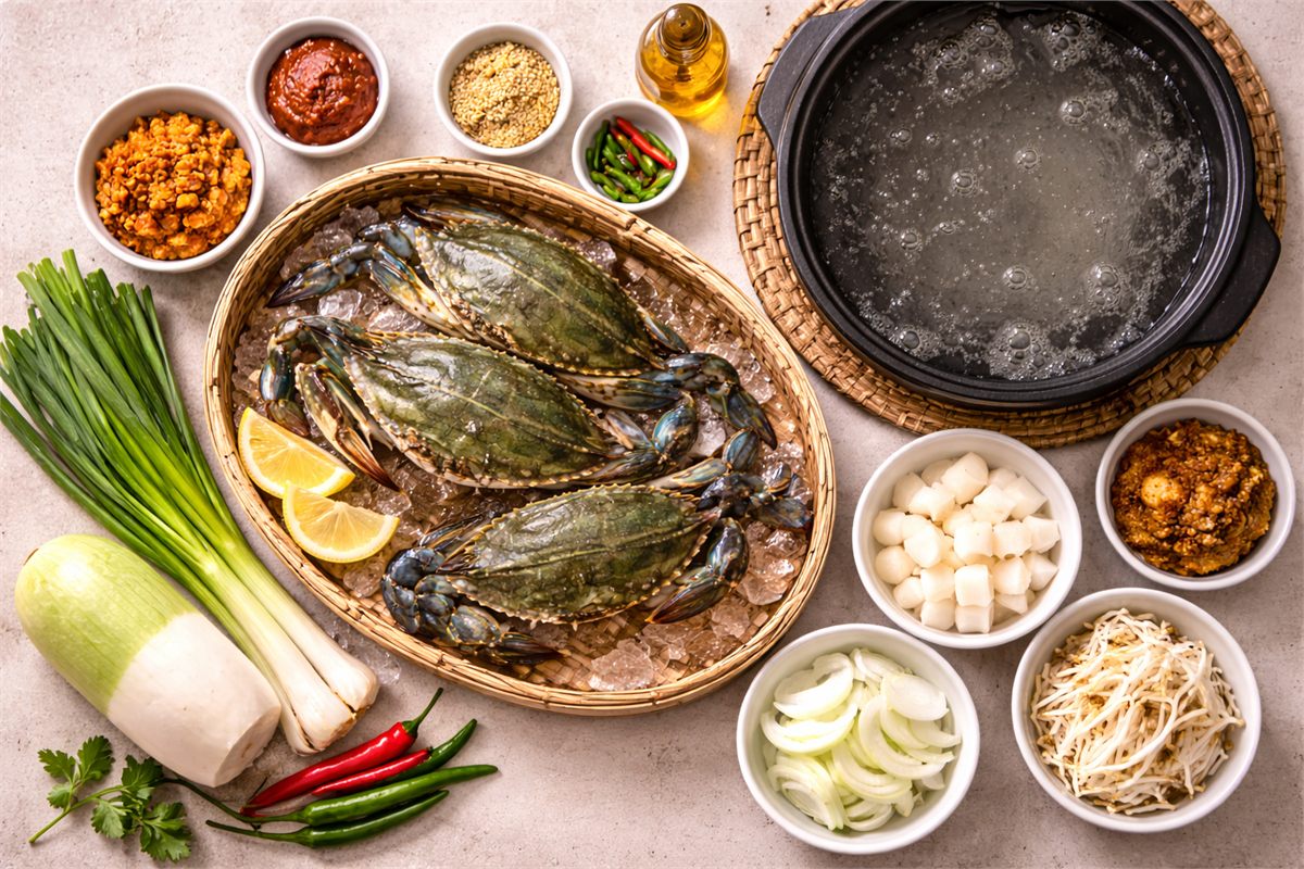 꽃게탕용 재료와 손질한 꽃게를 준비해 둔 한국 가정식 조리 장면 