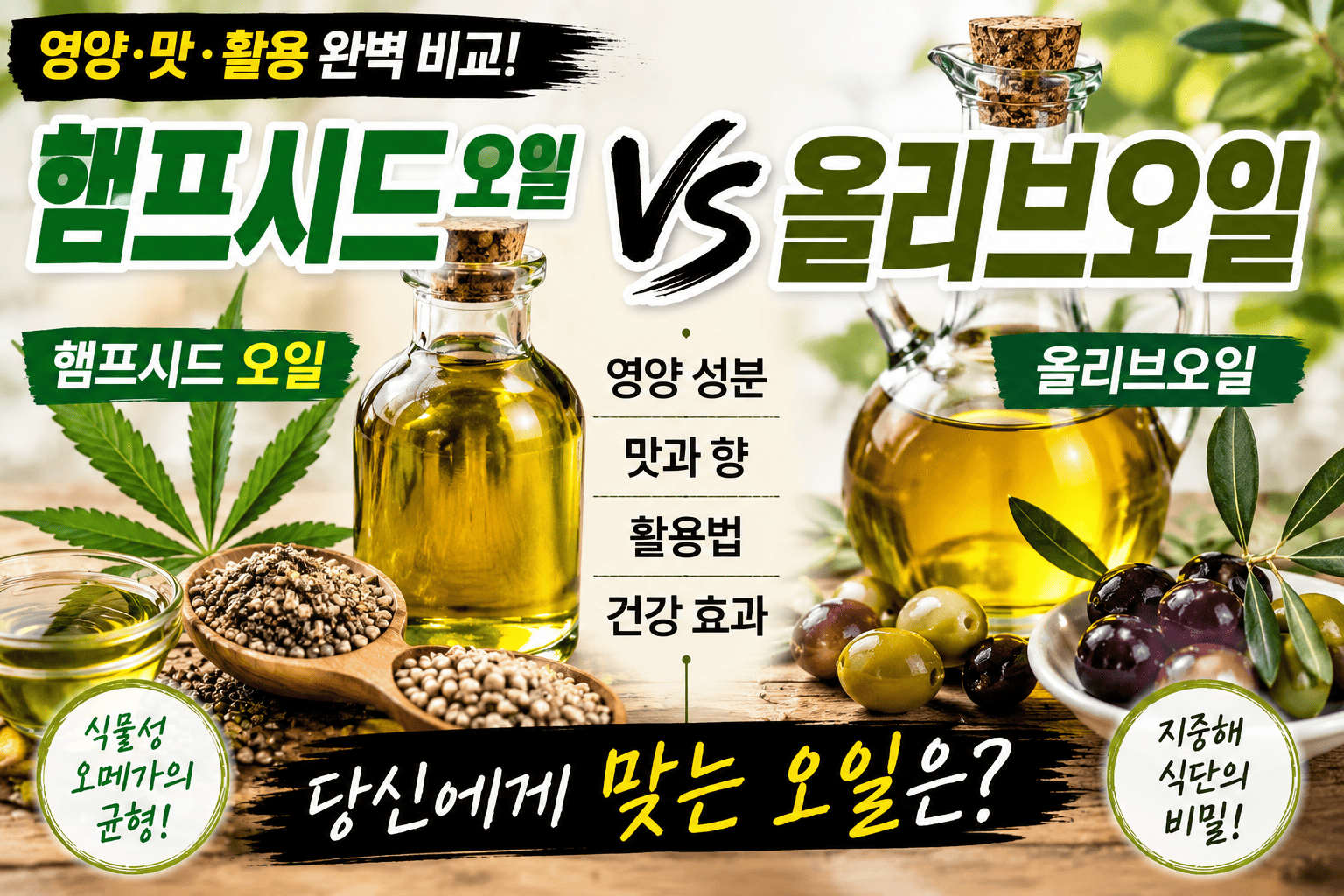 햄프시드 오일 vs 올리브오일 (영양, 맛, 활용)
