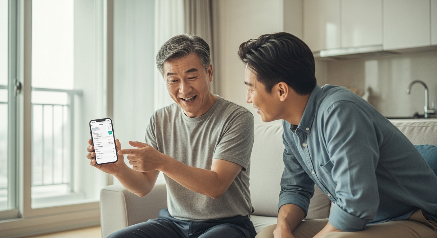 AI 블로그 결과를 친구에게 보여주는 50대 남성