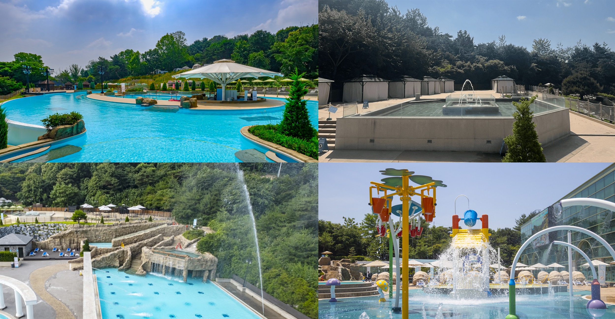 테르메덴 대표 야외 시설 4곳이 담긴 콜라주 이미지, 인피니티풀, 포레스트 배스존, 마운틴 슬라이드, 워터플레이존 구성