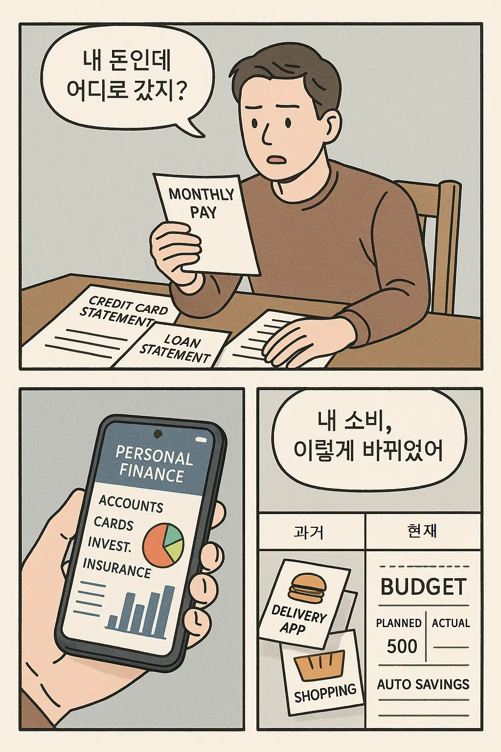 월급명세서를 확인하는 남성, 카드명세서·대출고지서가 쌓인 장면 – 돈의 흐름이 보이지 않는 문제 제기