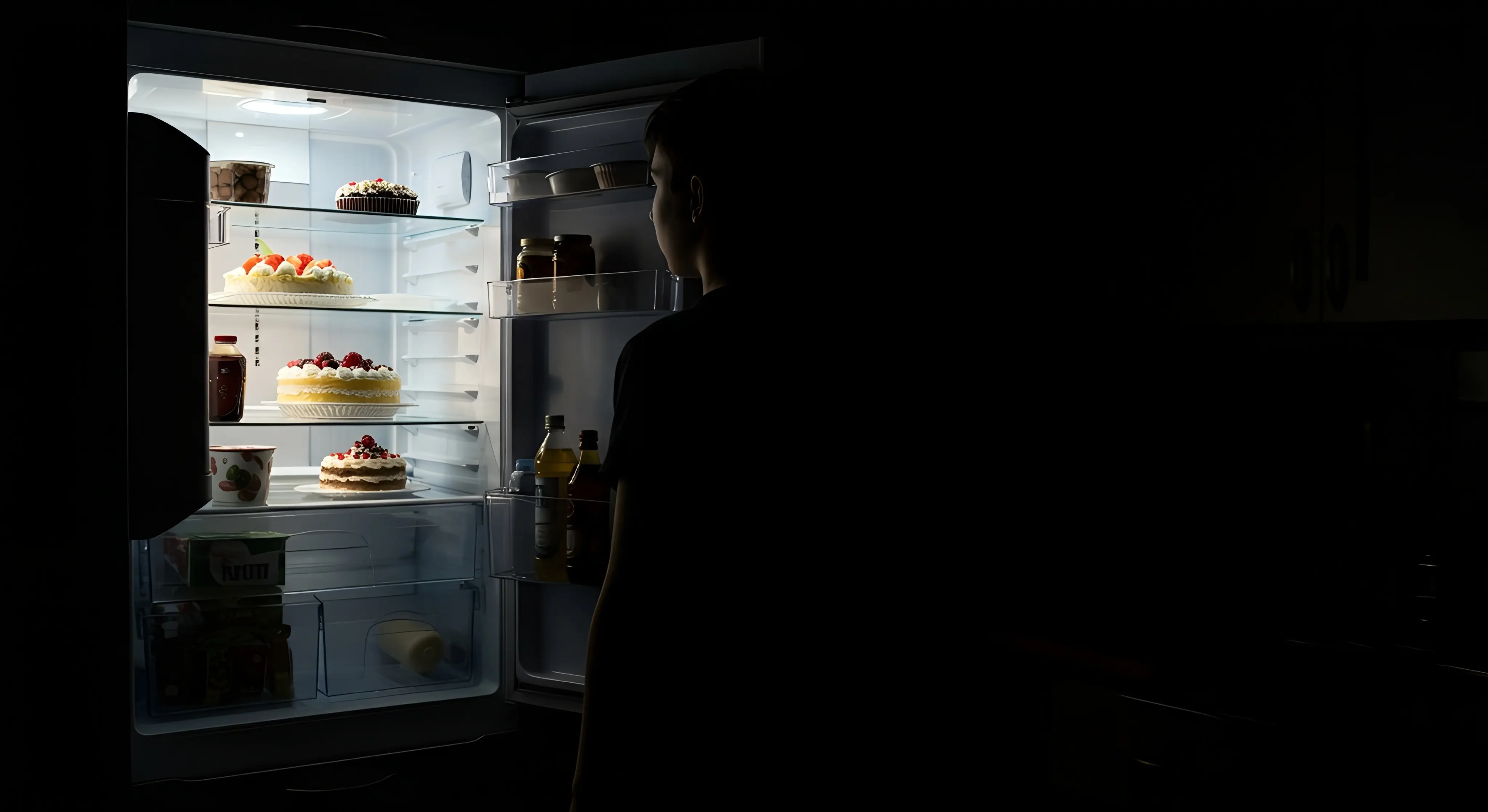 어두운 밤, 혼자 열린 냉장고 앞에 서서 케이크와 디저트가 가득한 음식을 바라보는 사람의 실루엣, 스트레스성 폭식의 유혹과 내적 갈등을 시각적으로 표현한 모습