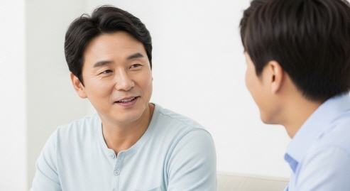 중년 남성이 친구와 대화하는 모습