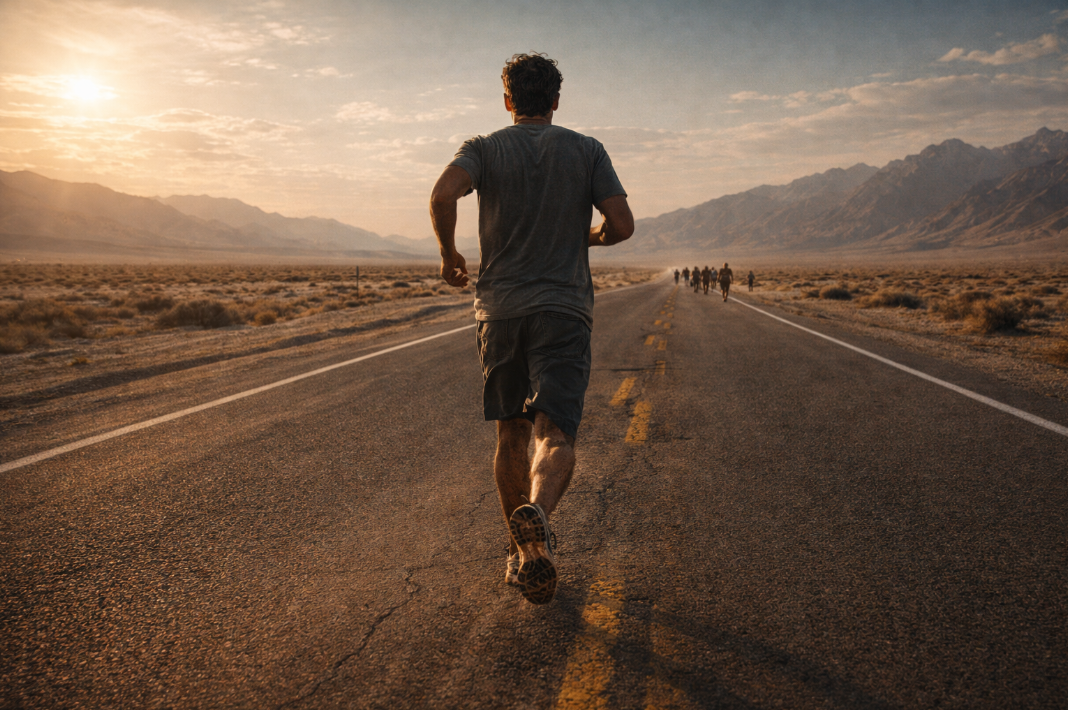 넓은 도로 위를 한 남자가 달리고 멀리 몇 사람이 따라오는 저녁 풍경