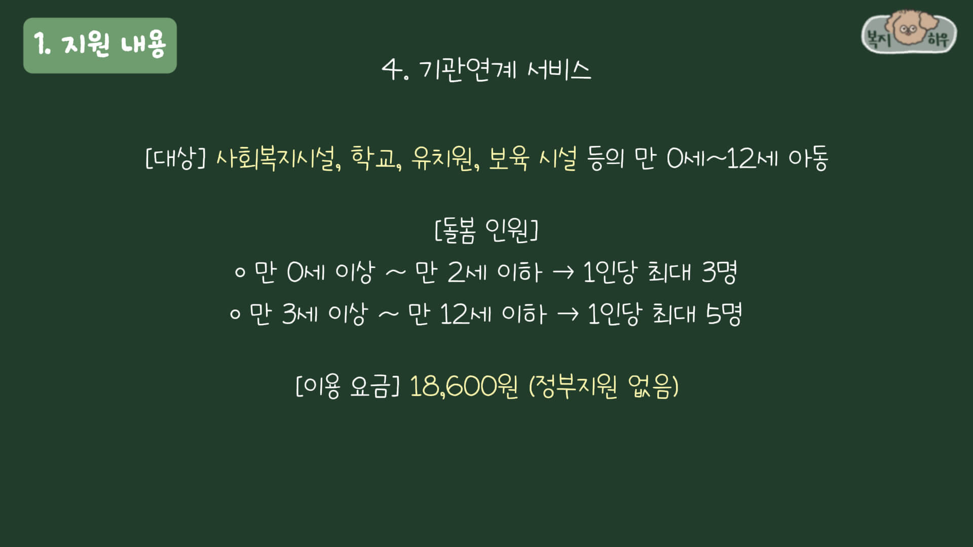아이돌봄 서비스 중 기관 연계 서비스는 학교나 보육시설 등의 기관의 12세 이하 아동에게 18,600원으로 돌봄 서비스를 제공하는 것이다.